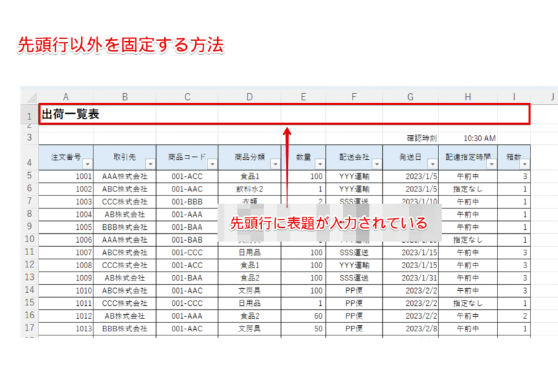 先頭行ではない『4行目』を固定する
