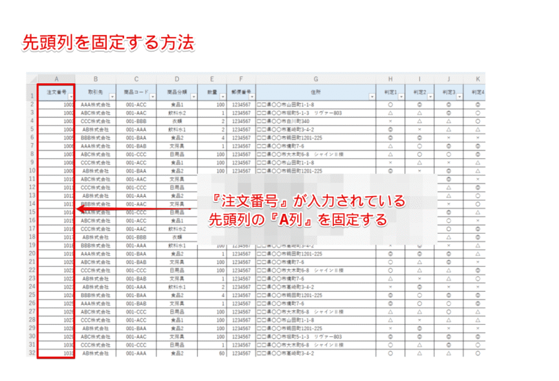 先頭列の『A列』を固定する