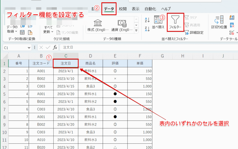 表にフィルター機能を設定