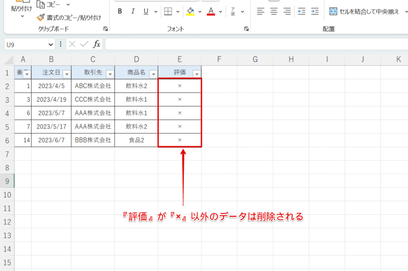 削除された『評価』が『×』のデータは表示されない