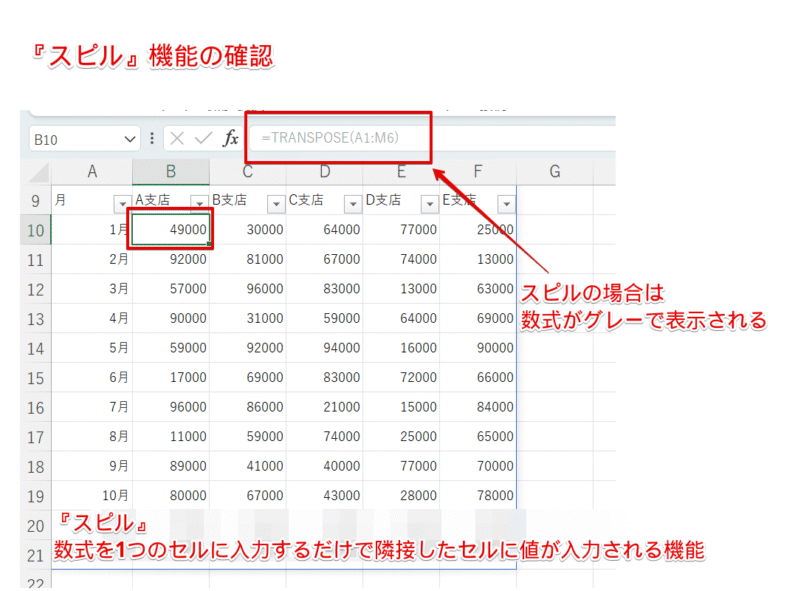 TRANSPOSE関数は『スピル』機能を含んでいる