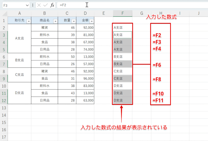 『空白セル』にそれぞれの数式が入力される