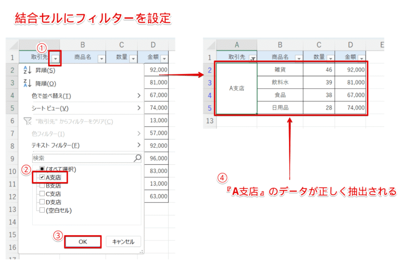 『取引先』が『A支店』のデータを抽出